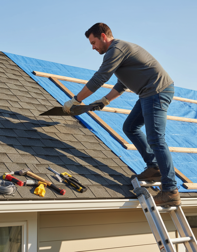 Homeowner repairing missing roof shingles after a storm, with a temporary tarp in place.