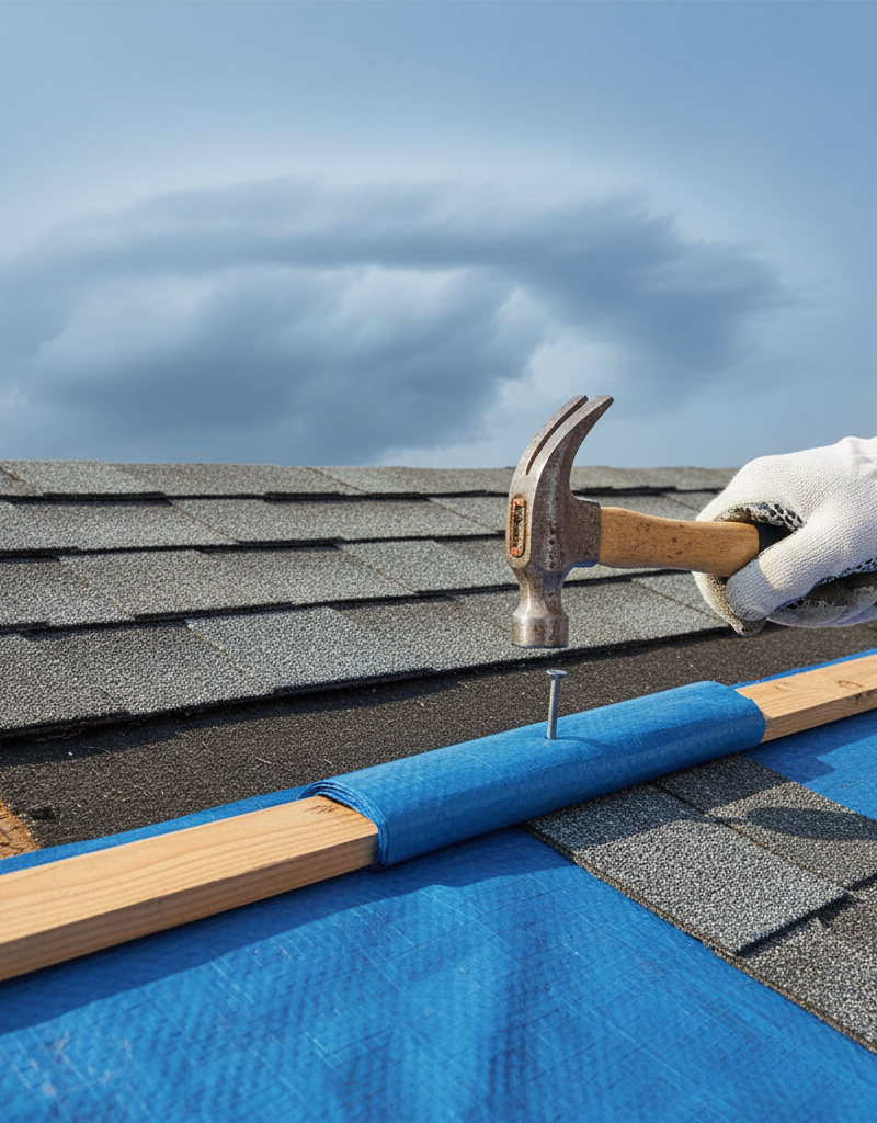 Homeowner securing a blue tarp to a storm-damaged roof with missing shingles using wood lath and a hammer to prevent leaks.