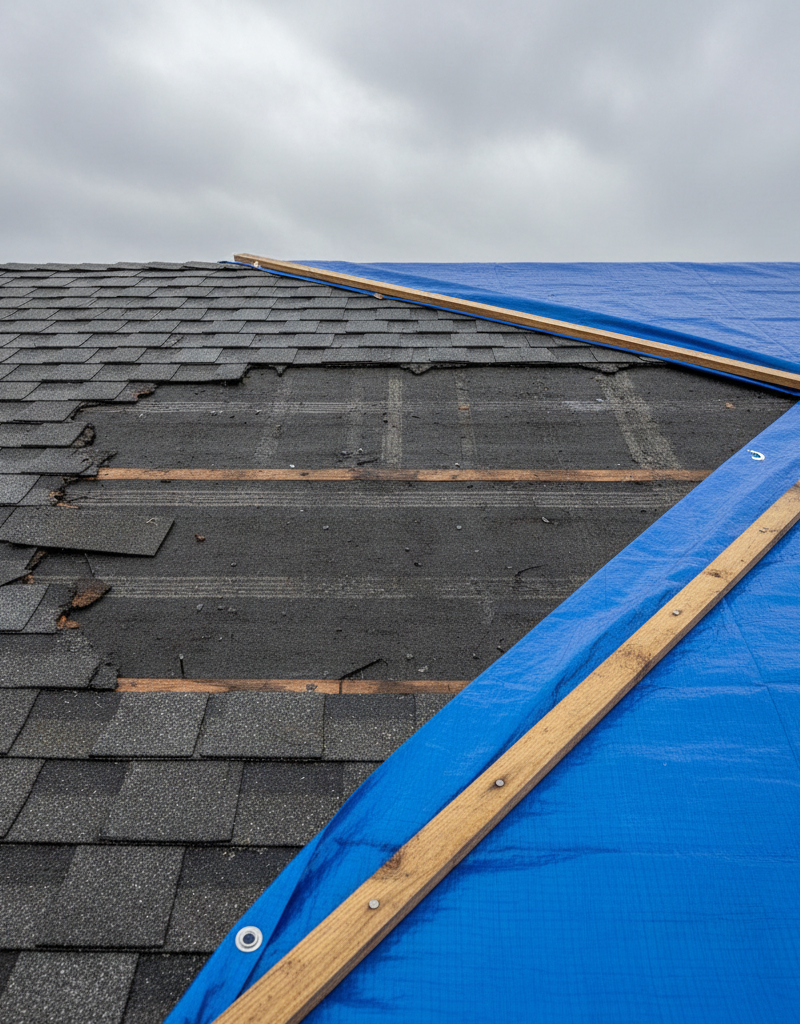 Heavy-duty blue tarp temporarily covering missing roof shingles after a storm, secured with wood strips.