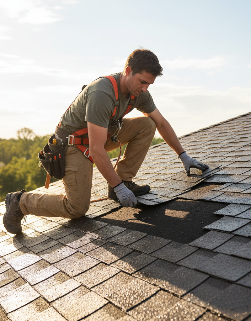 Homeowner repairing missing asphalt shingles on a roof after a storm, with new shingle being slid into place.