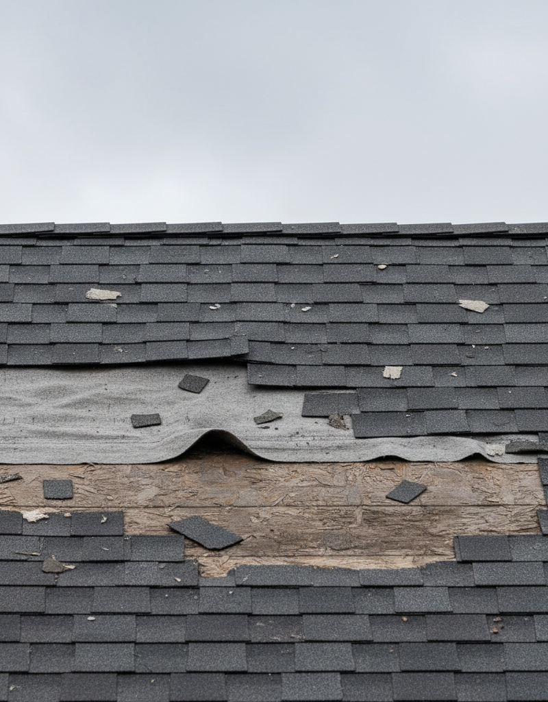 Missing dark gray asphalt shingles revealing lighter underlayment after a wind storm.