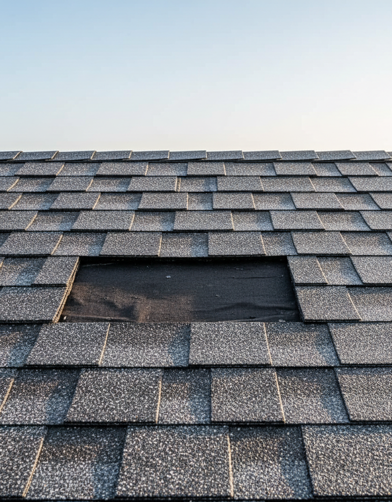 Close-up of a residential asphalt shingle roof with a missing shingle, revealing the dark underlayment after a storm.