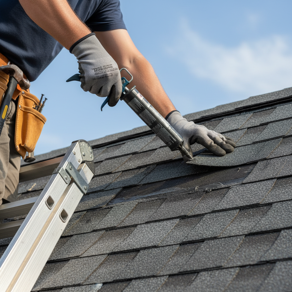 Homeowner on ladder replacing missing asphalt roof shingle after storm damage.