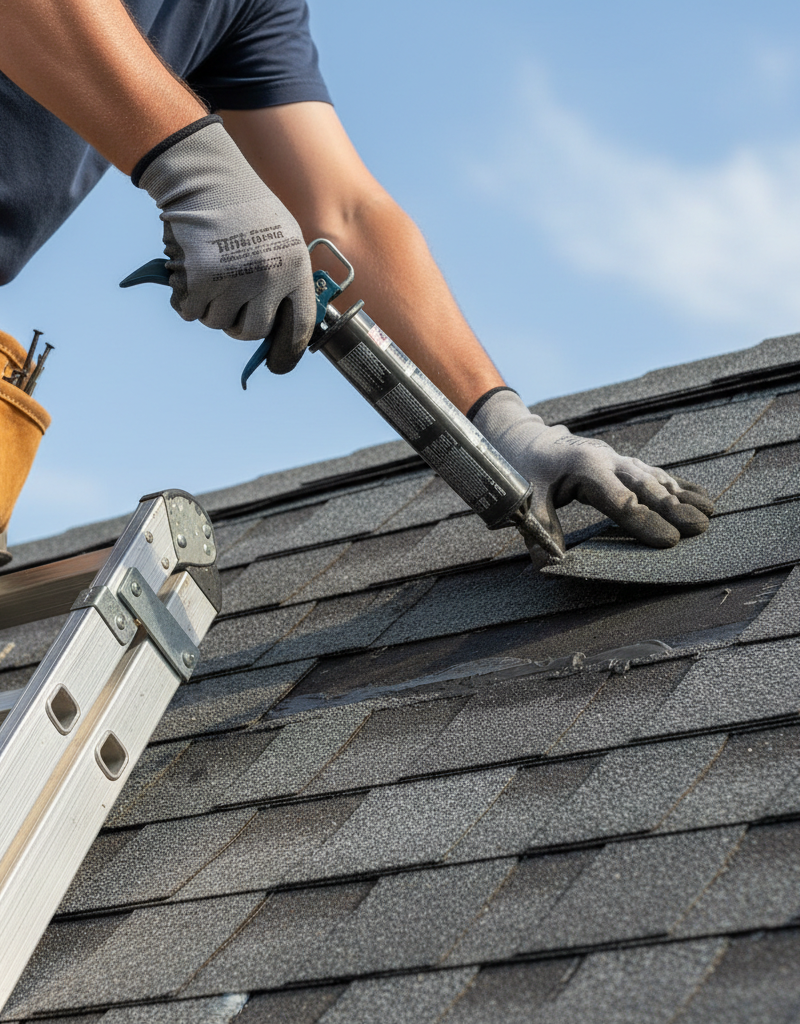 Homeowner on ladder replacing missing asphalt roof shingle after storm damage.