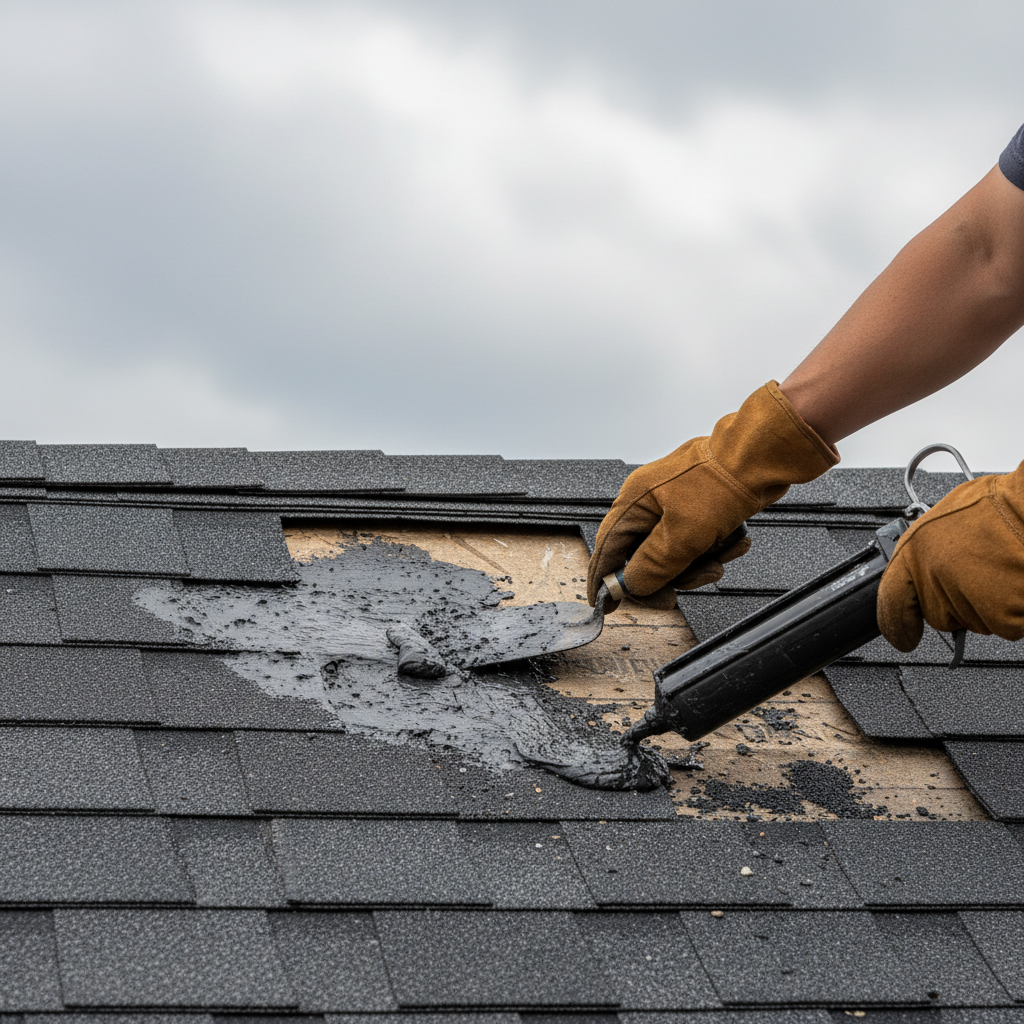 Homeowner applying roofing cement to exposed roof underlayment where shingles are missing after a storm.