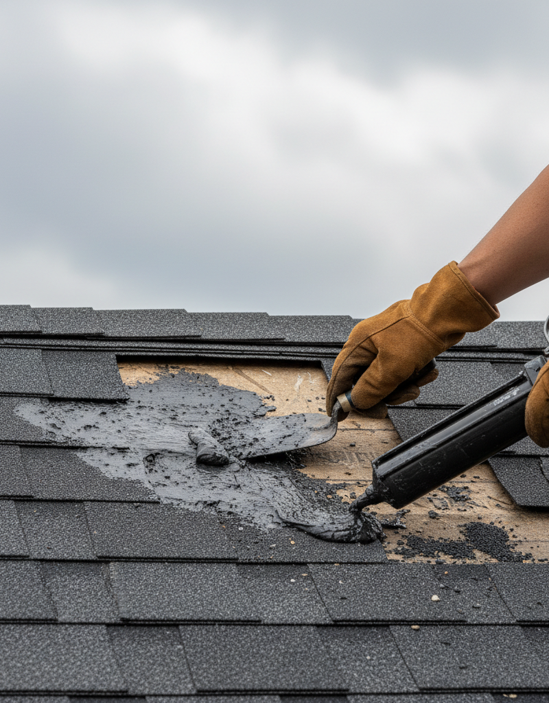Homeowner applying roofing cement to exposed roof underlayment where shingles are missing after a storm.