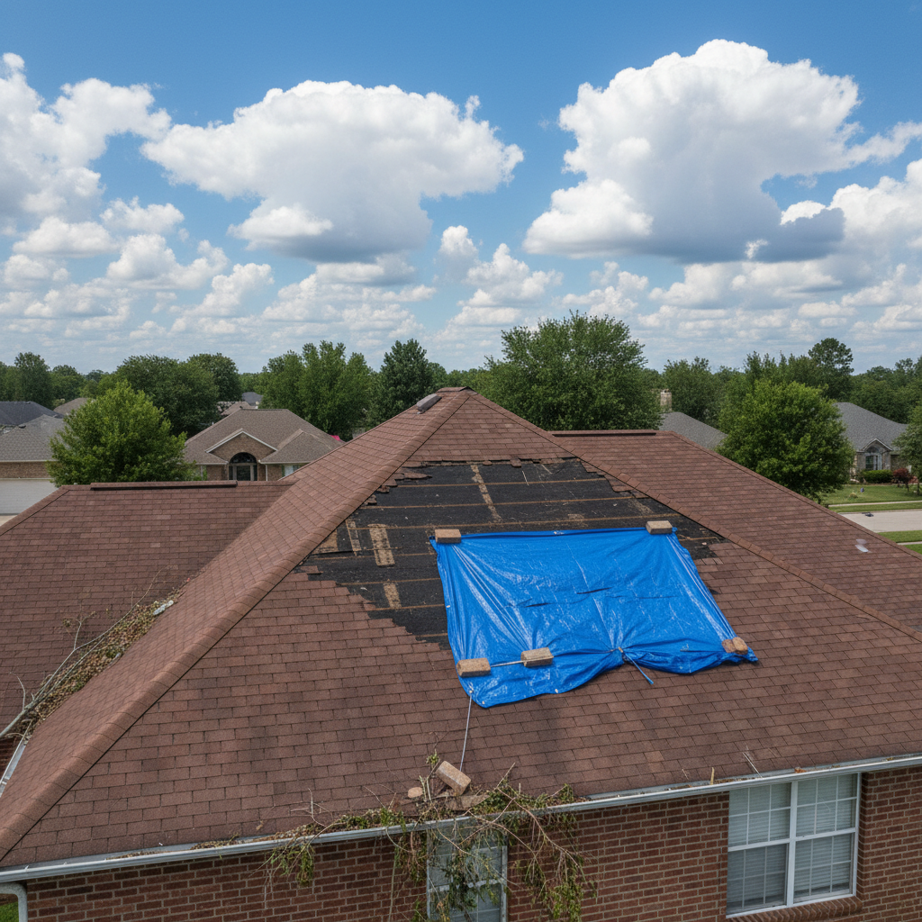 House roof with missing asphalt shingles after a storm, partially covered by a blue tarp.