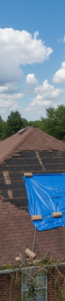 House roof with missing asphalt shingles after a storm, partially covered by a blue tarp.