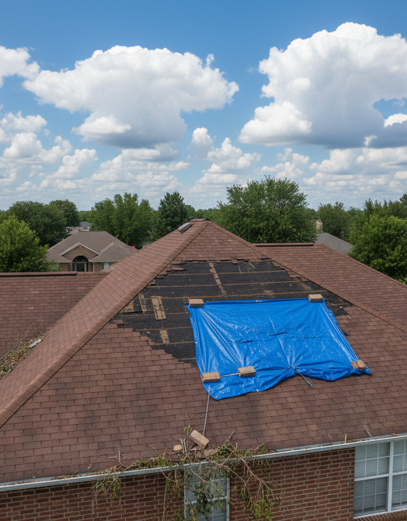 House roof with missing asphalt shingles after a storm, partially covered by a blue tarp.