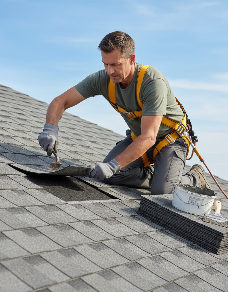 Homeowner safely repairing missing roof shingles after a storm, using a pry bar to lift an existing shingle for replacement.