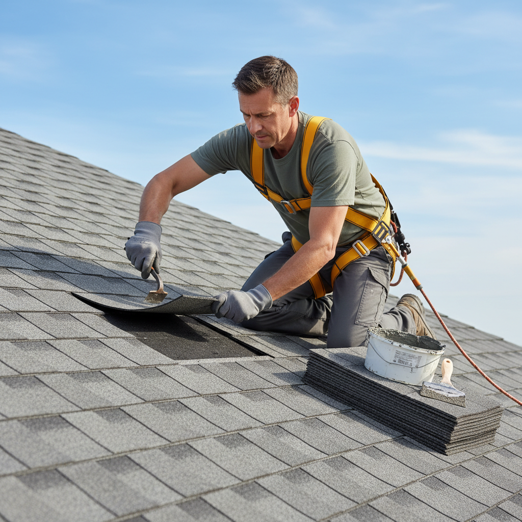 Homeowner safely repairing missing roof shingles after a storm, using a pry bar to lift an existing shingle for replacement.