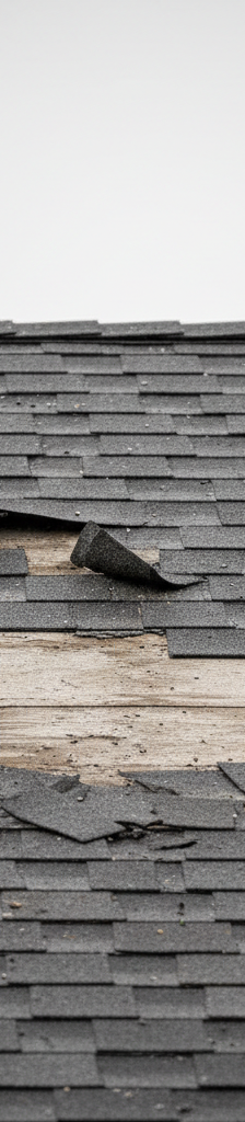 Asphalt shingle roof with missing shingles after a storm, showing exposed underlayment.