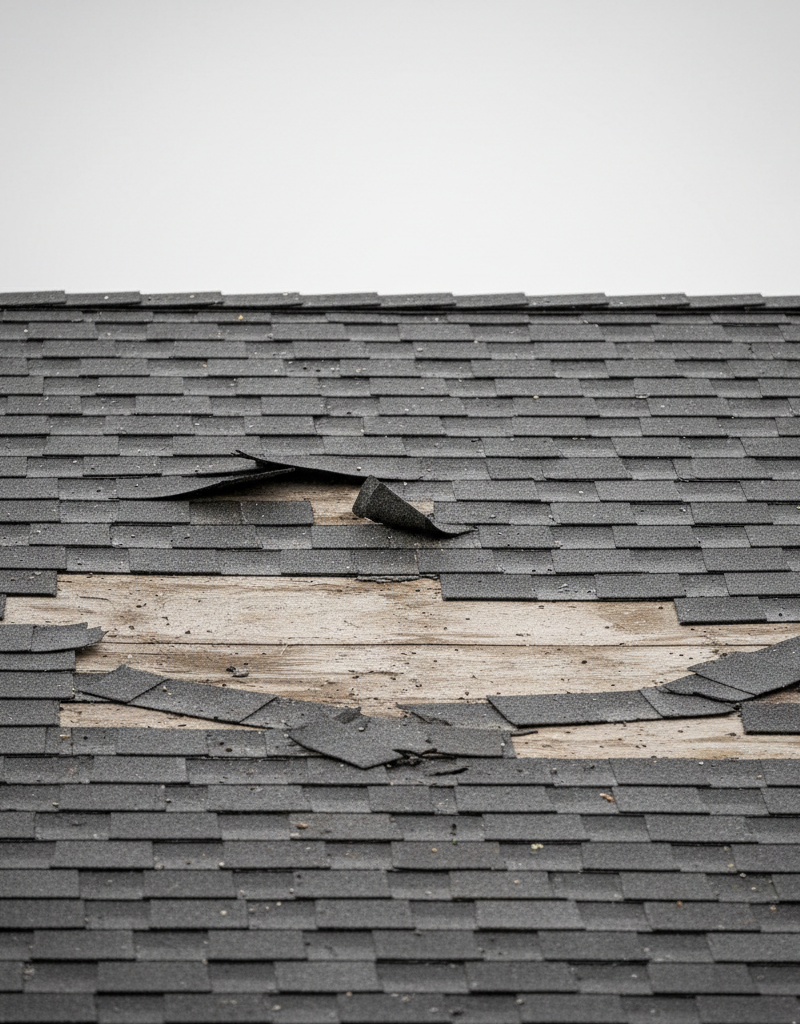 Asphalt shingle roof with missing shingles after a storm, showing exposed underlayment.