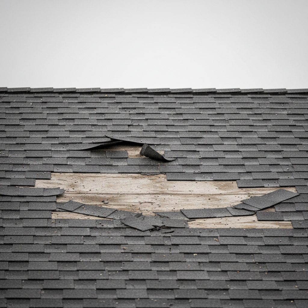 Asphalt shingle roof with missing shingles after a storm, showing exposed underlayment.