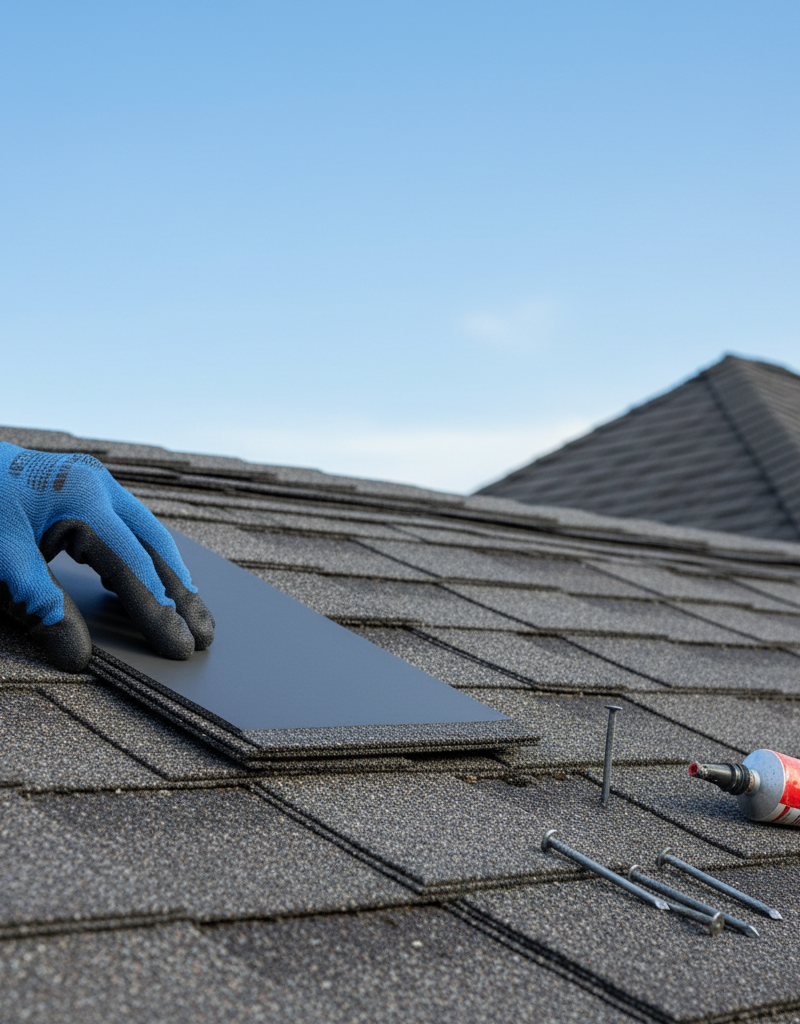 Homeowner repairing a roof, carefully sliding a new asphalt shingle into place after storm damage.