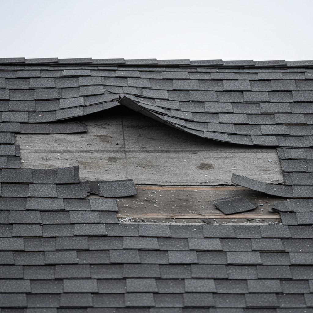 Damaged roof with missing asphalt shingles after a storm, showing exposed underlayment.