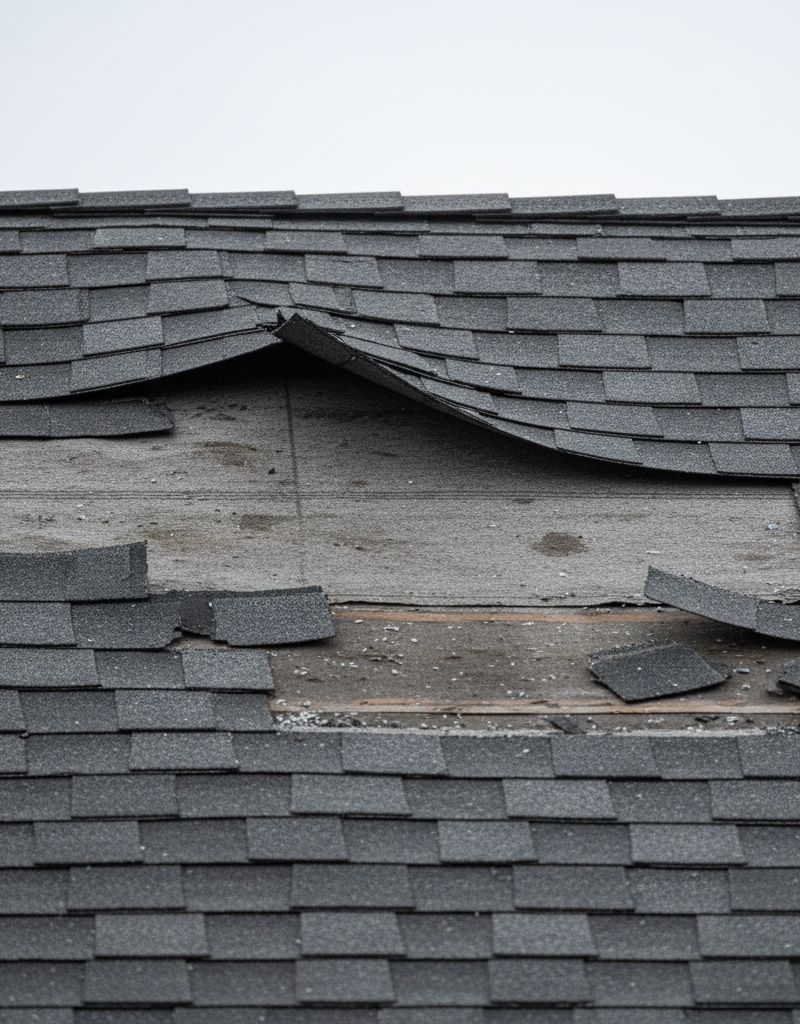 Damaged roof with missing asphalt shingles after a storm, showing exposed underlayment.