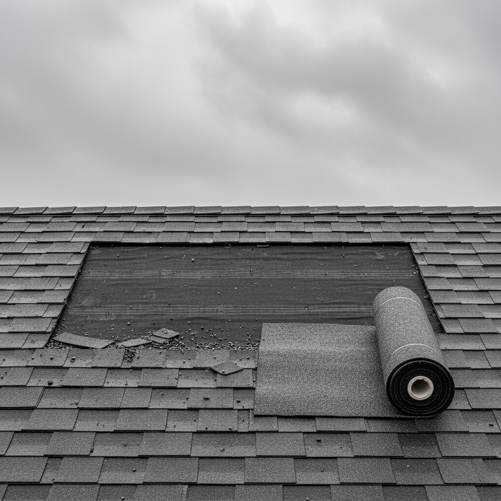Residential roof with missing asphalt shingles revealing underlayment after a storm.