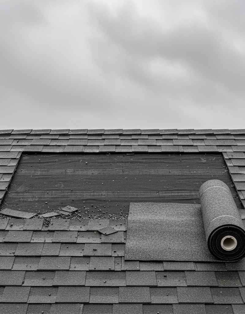 Residential roof with missing asphalt shingles revealing underlayment after a storm.