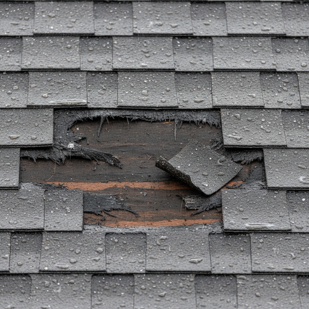 Missing asphalt shingles exposing roof decking after a severe storm.