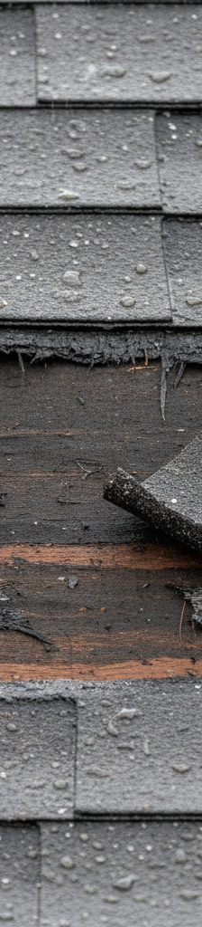 Missing asphalt shingles exposing roof decking after a severe storm.