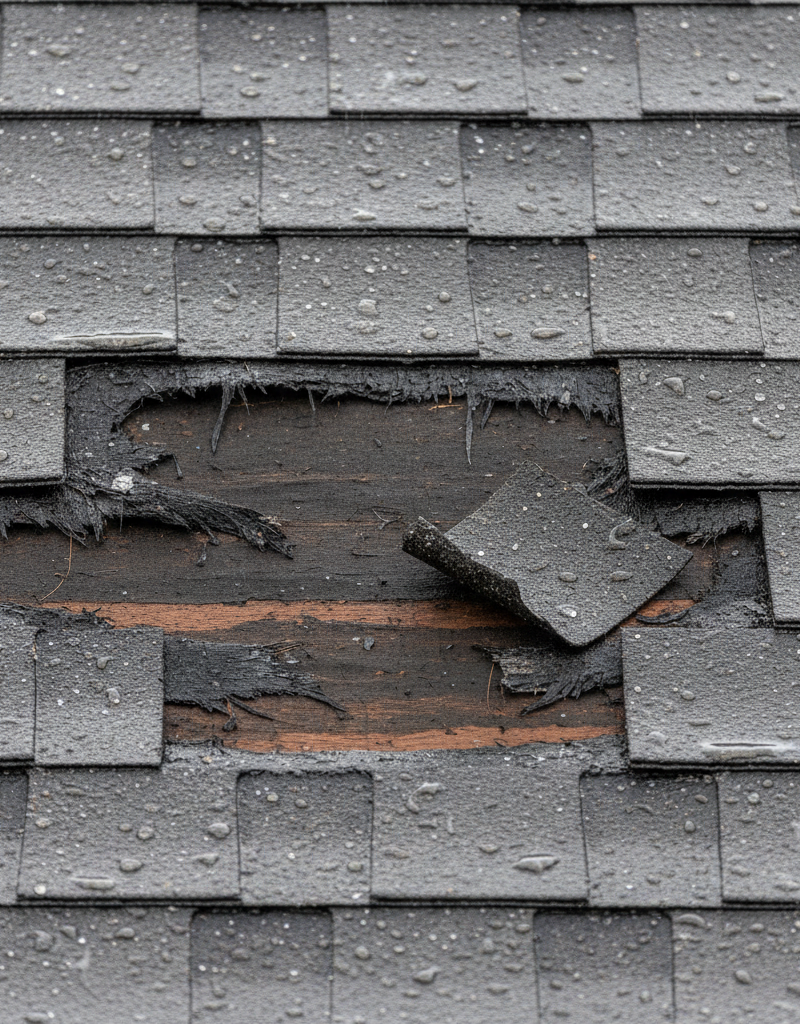 Missing asphalt shingles exposing roof decking after a severe storm.