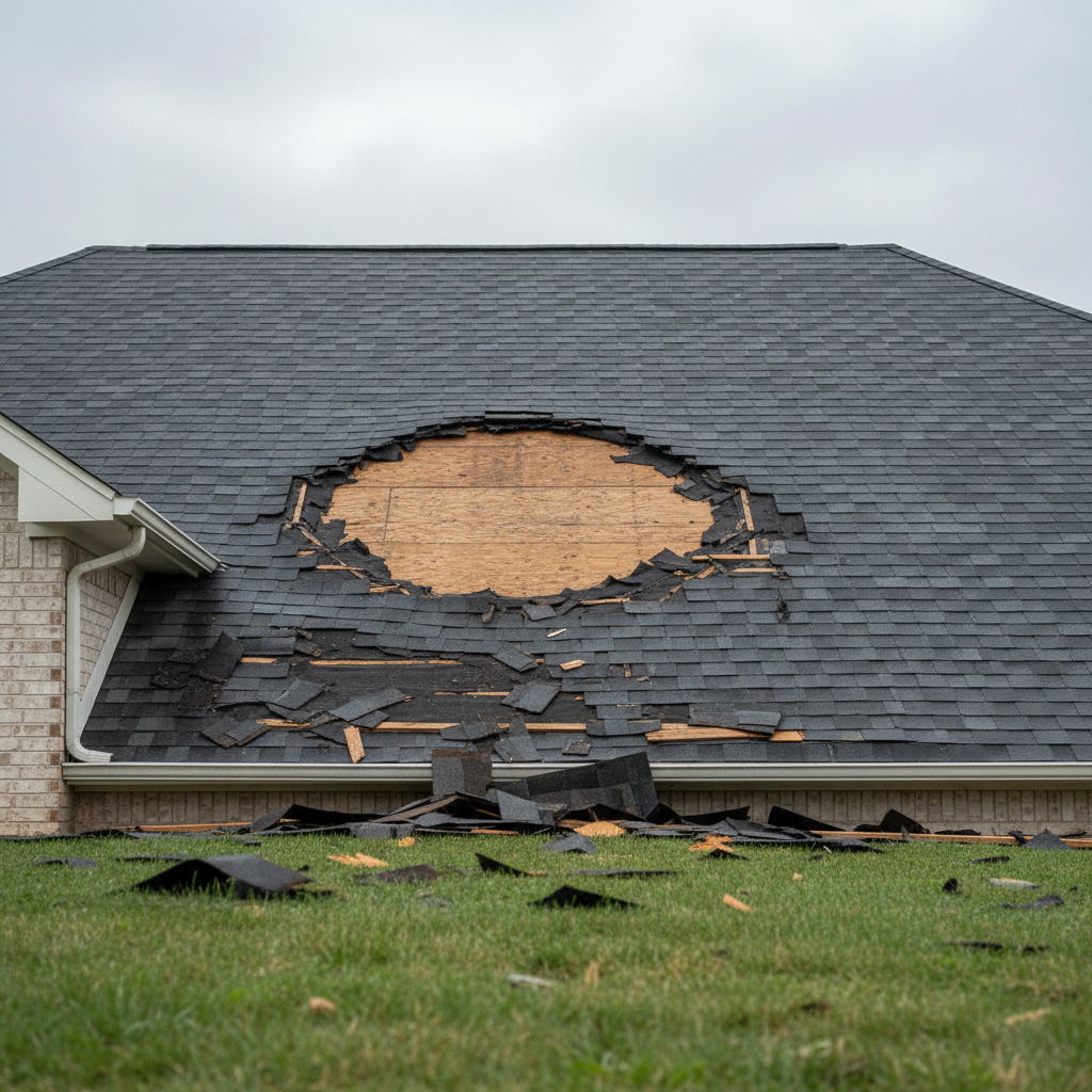 Residential roof with missing asphalt shingles after a storm, exposing the underlayment
