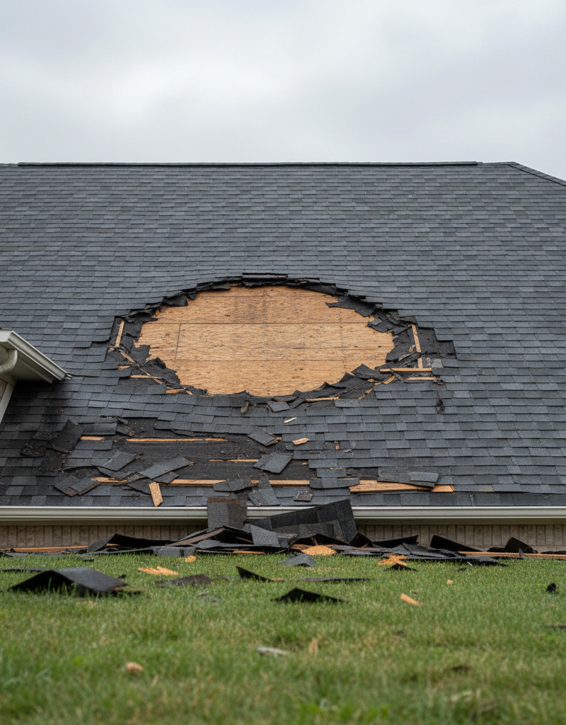 Residential roof with missing asphalt shingles after a storm, exposing the underlayment