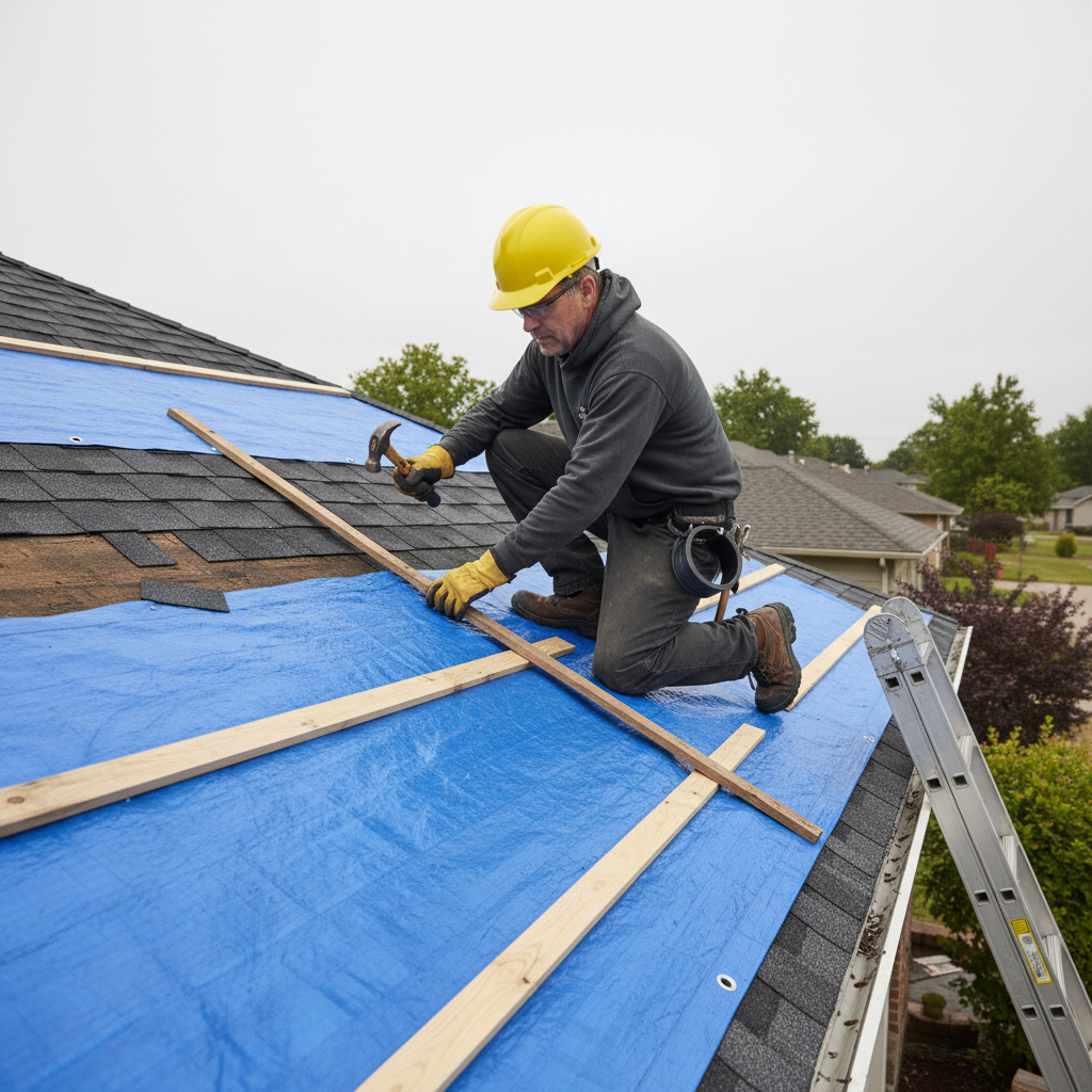 Homeowner securing a blue tarp over missing roof shingles after a storm, demonstrating a temporary repair.