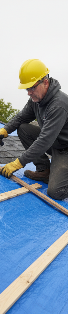 Homeowner securing a blue tarp over missing roof shingles after a storm, demonstrating a temporary repair.
