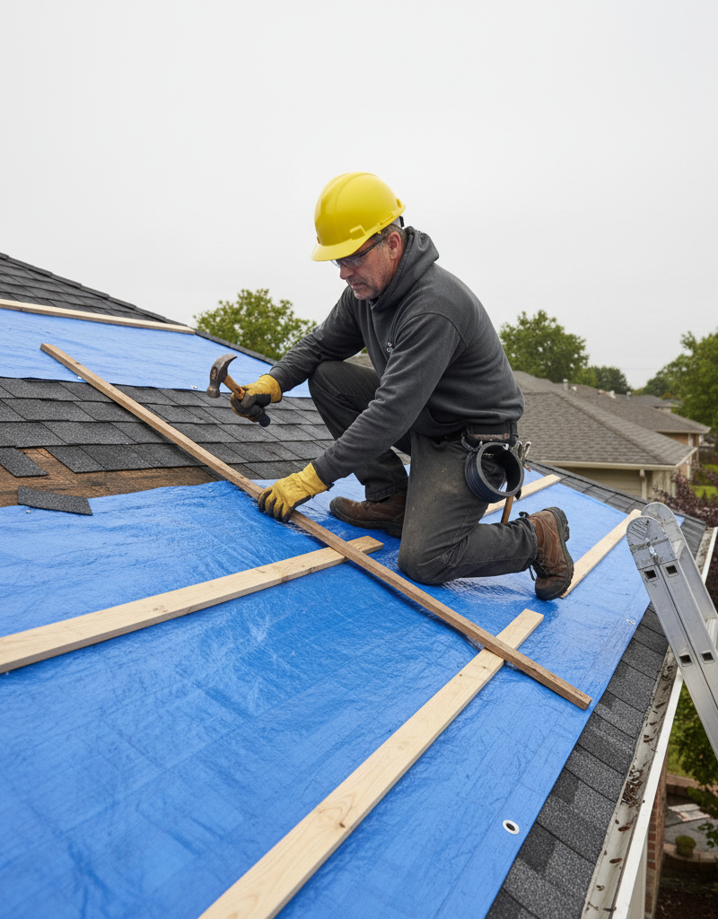 Homeowner securing a blue tarp over missing roof shingles after a storm, demonstrating a temporary repair.