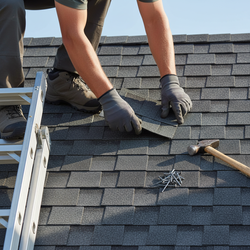 Homeowner on ladder replacing missing asphalt shingle on roof after storm.