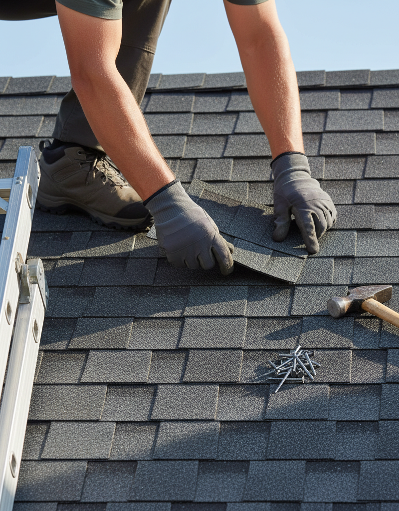 Homeowner on ladder replacing missing asphalt shingle on roof after storm.