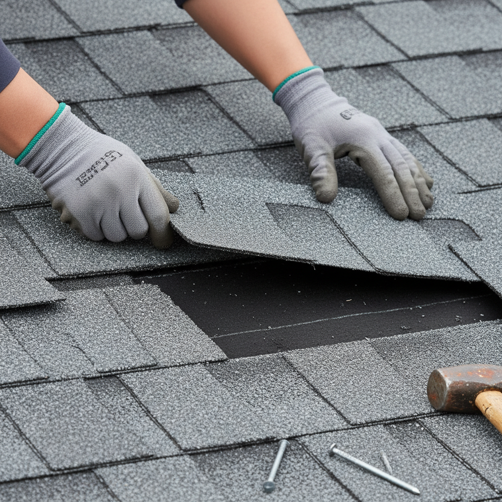 Contractor replacing missing roof shingle after storm damage