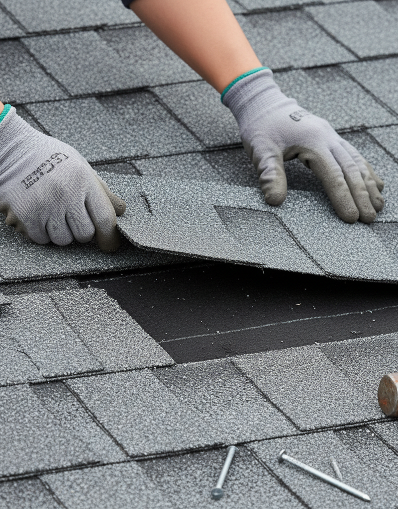 Contractor replacing missing roof shingle after storm damage