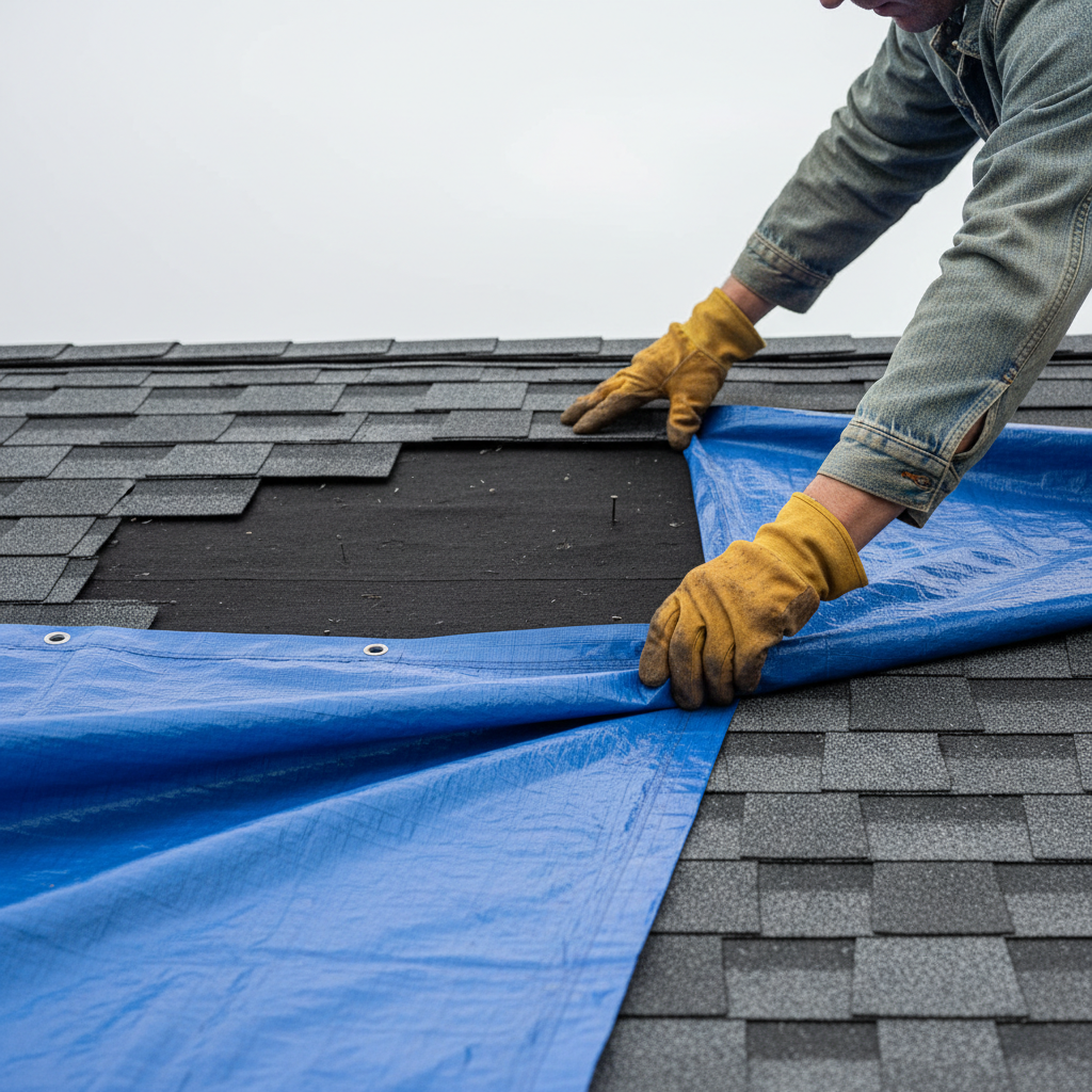 Homeowner carefully placing a blue tarp over missing roof shingles after a storm.