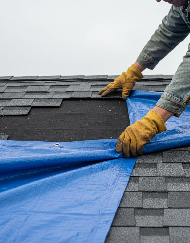Homeowner carefully placing a blue tarp over missing roof shingles after a storm.