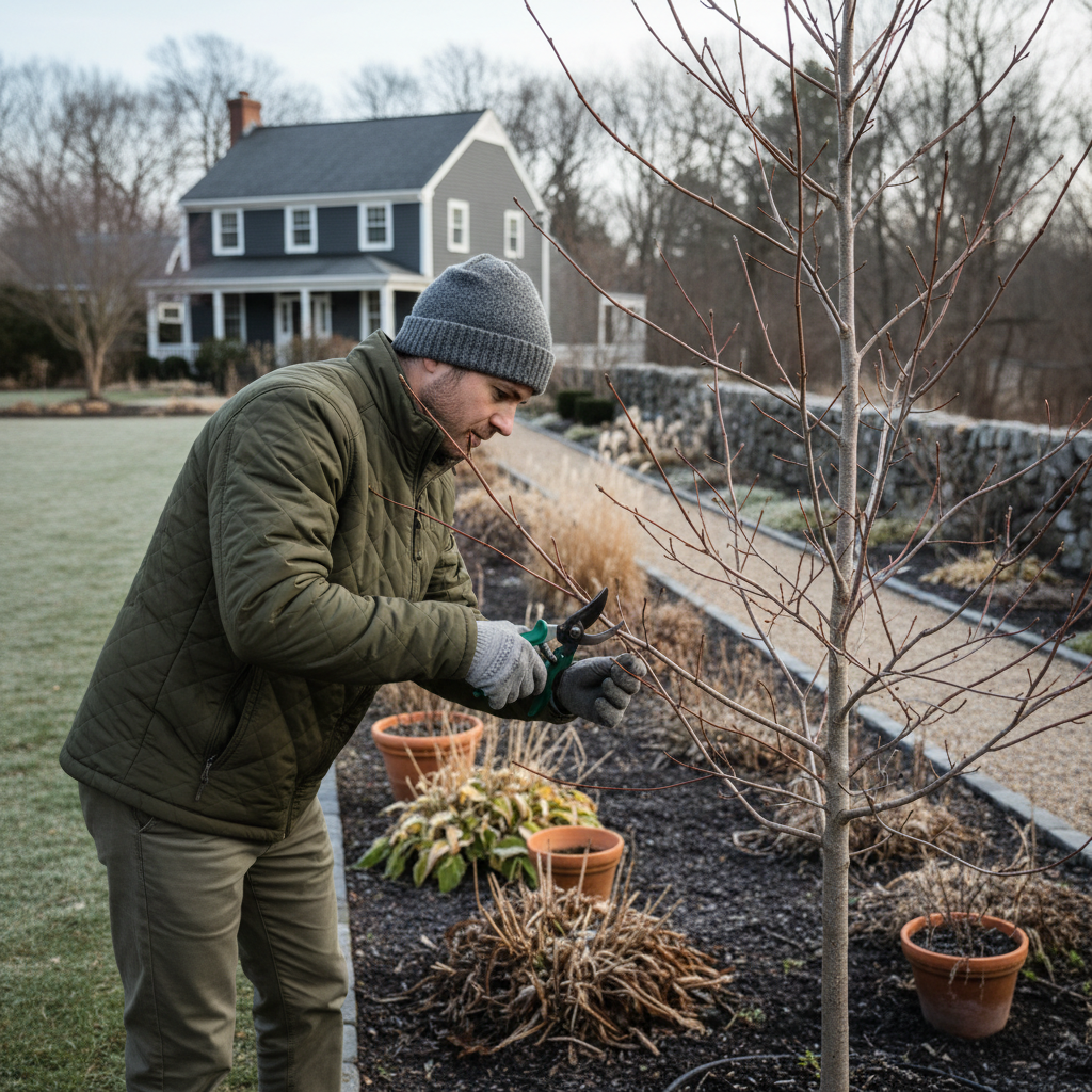 Homeowner carefully pruning dormant deciduous tree in late winter with bypass pruners.