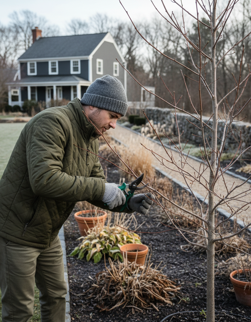 Homeowner carefully pruning dormant deciduous tree in late winter with bypass pruners.