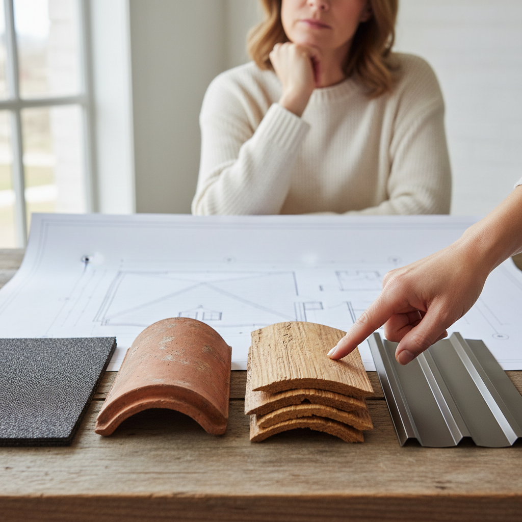 Homeowner looking at different roof shingle samples
