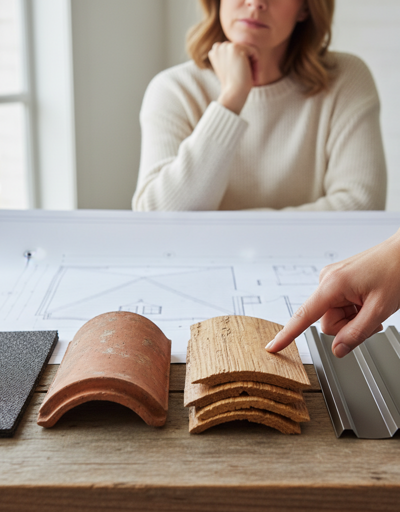 Homeowner looking at different roof shingle samples