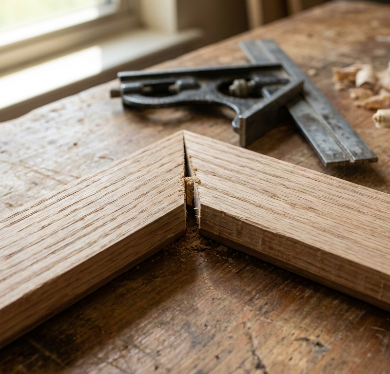 Close up of an open miter joint on wooden picture frame with visible wedge gap on workbench
