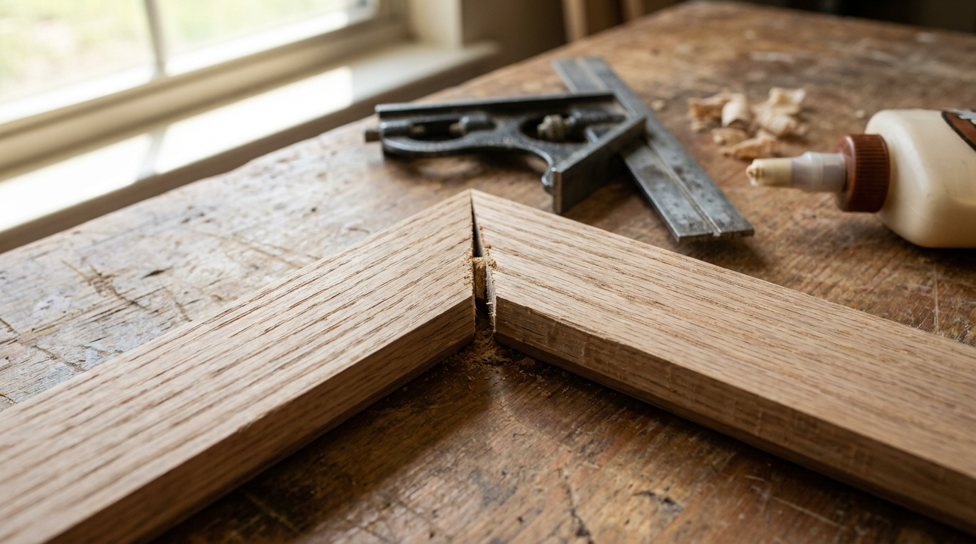 Close up of an open miter joint on wooden picture frame with visible wedge gap on workbench