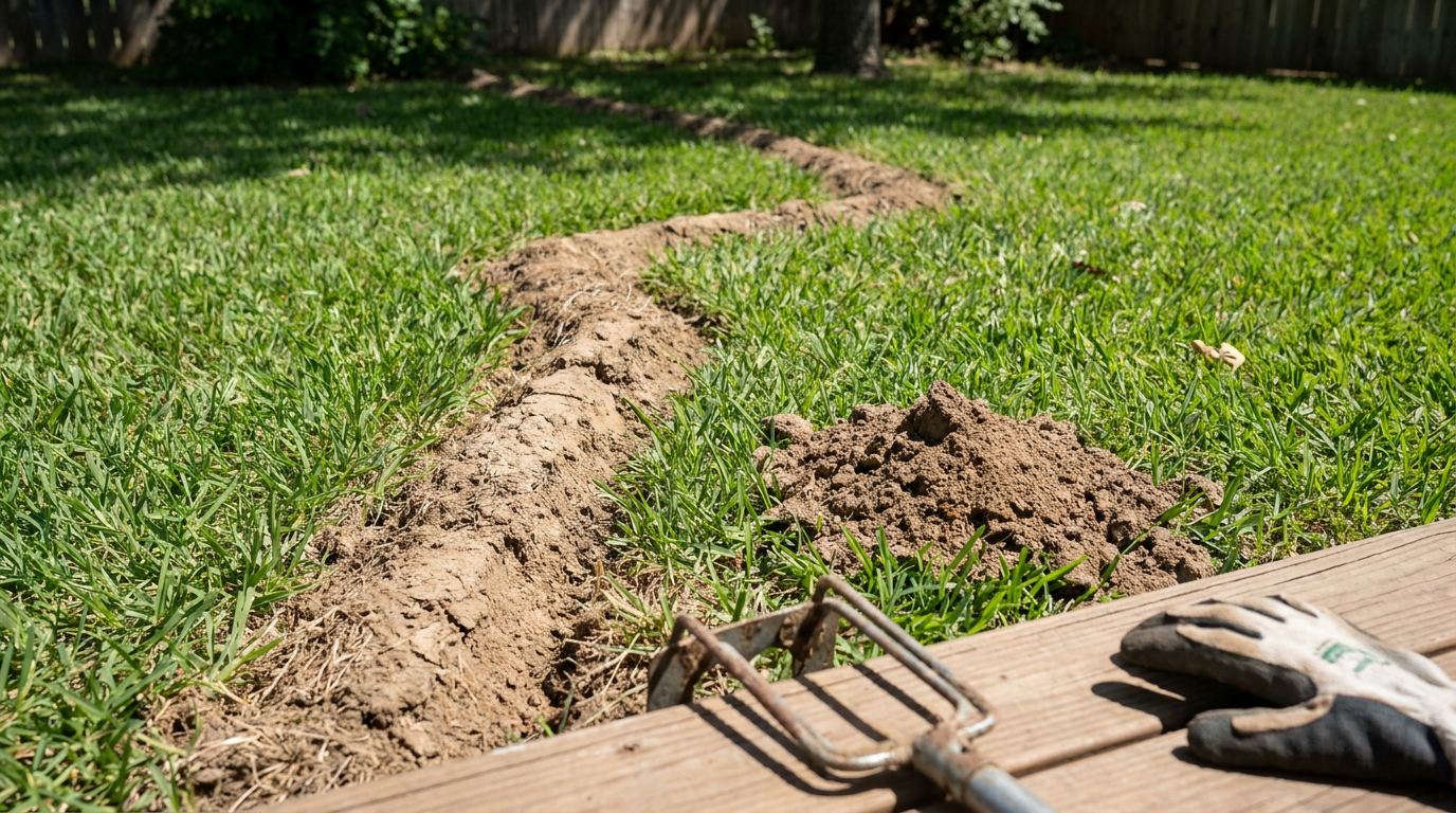Raised mole ridge and surface vole runways cutting across damaged residential green turf lawn