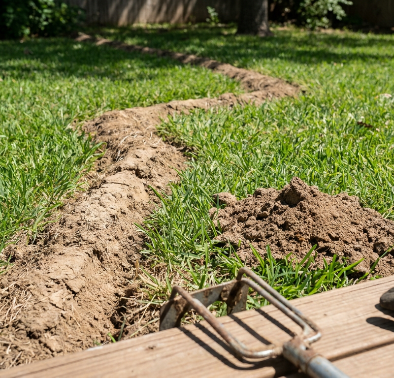 Raised mole ridge and surface vole runways cutting across damaged residential green turf lawn