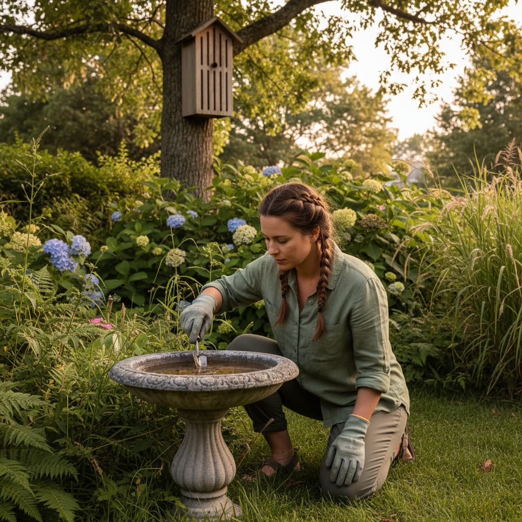Homeowner checking a bird bath for standing water in a sunny backyard, with natural mosquito control in action.