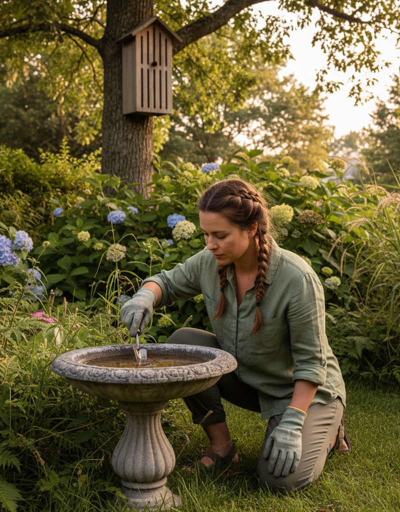 Homeowner checking a bird bath for standing water in a sunny backyard, with natural mosquito control in action.
