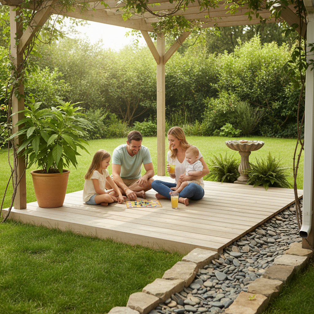 Family enjoying a mosquito-free backyard with natural deterrents like plants and clean bird bath