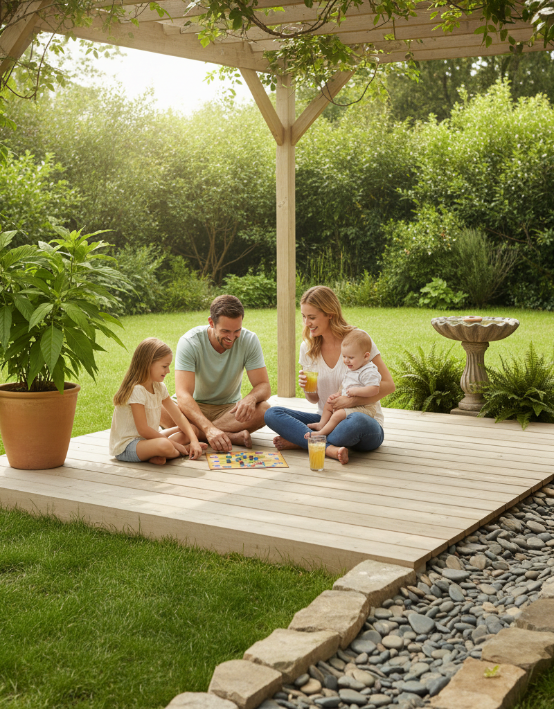 Family enjoying a mosquito-free backyard with natural deterrents like plants and clean bird bath