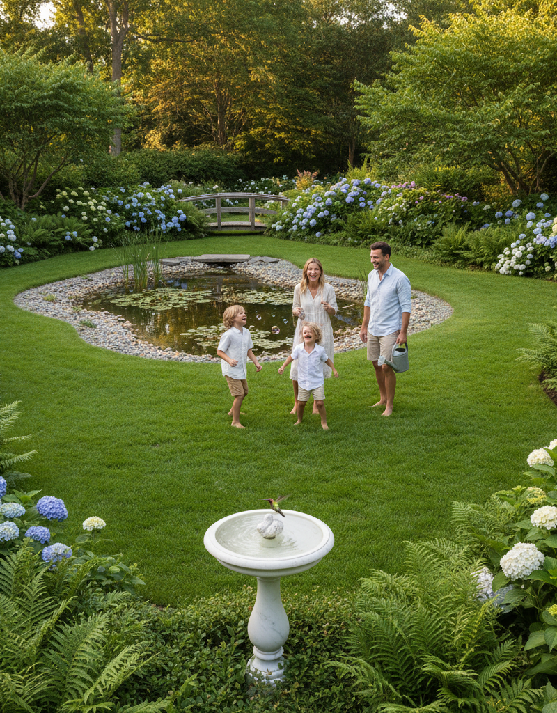 Family enjoying a mosquito-free backyard with lush plants and clean water features